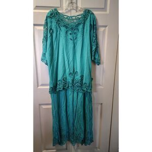 Vintage Bali Emerald 2-Piece Skirt & Top Set | Teal Rayon Cutwork Lace Boho – 2X